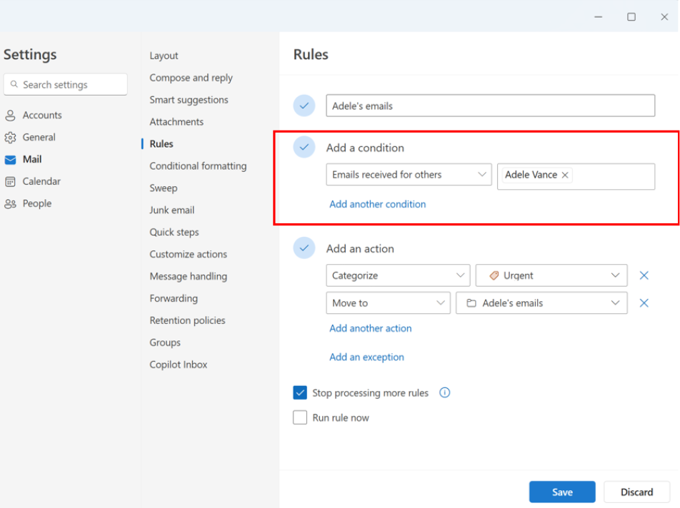 Screenshot showing set up an ‘Email received for others’ rule for executive’s account