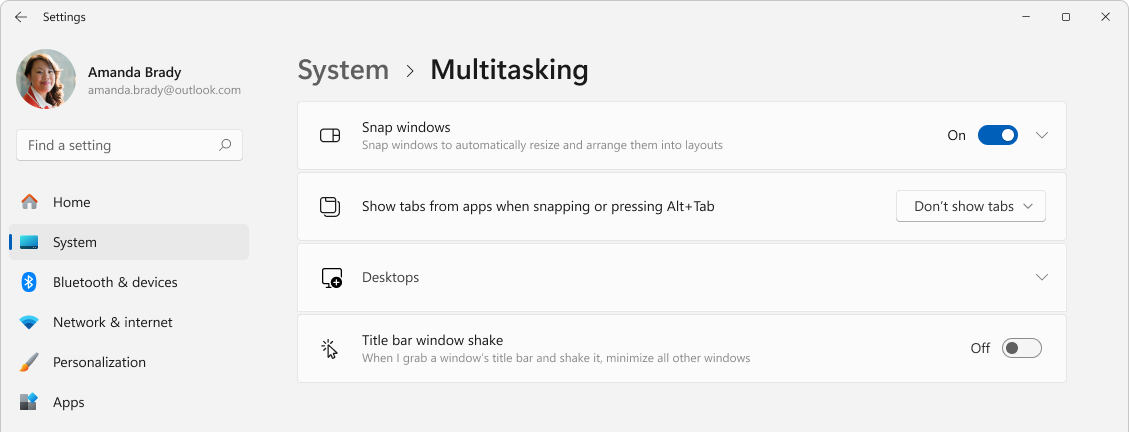 Screenshot of Settings > System > Multitasking.